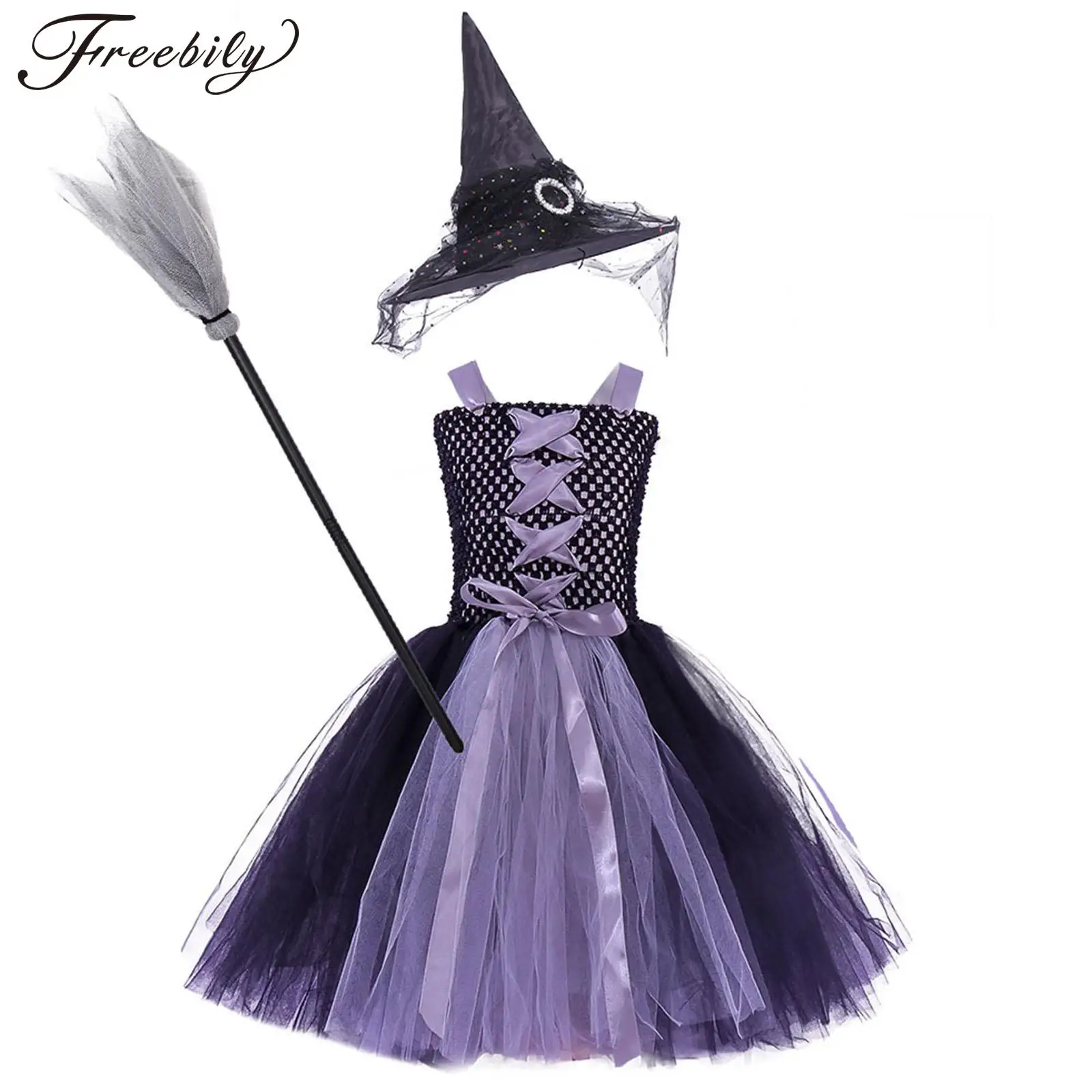 

Kids Girls Halloween Witch Cosplay Costume Tutu Dress with Pointed Hat Broom Theme Party Sorceress Roleplay Performance Outfits