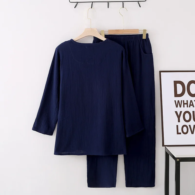 Men's Crepe Gauze Home Pajamas Long-sleeved Trousers Casual Pajama Sets Solid Cotton Sleepwear Elastic Waist Pijamas 2 Piece Set