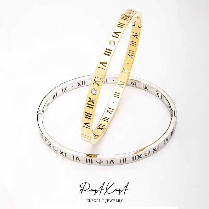

PAXA Classic Design Roman Numerals Stainless Steel Bracelet for Women Luxury Elegant Cubic Zirconia Bangle Wedding Party Jewelry