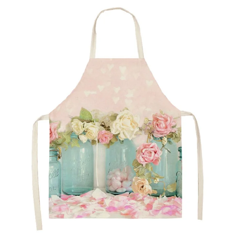 

Pink Rose Flower Pattern Kitchen Sleeveless Apron Cotton Linen Bib Household Women Antifouling Clean Baking Accessories Delantal