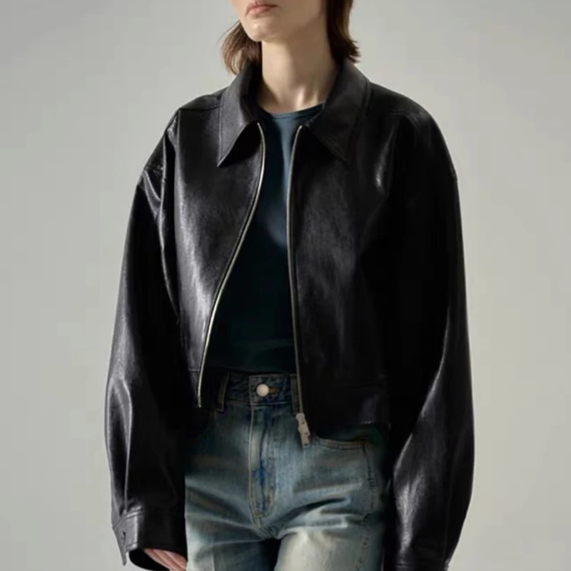 

23Autumn New Black PU Short Loose Jacket Fashion Runway Zipper Lapel Design Sense Niche Coat Y2K Chic Women High Quality Clothes