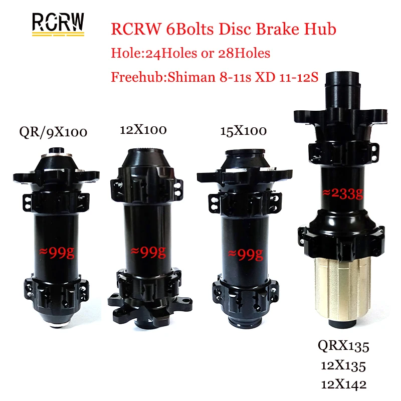 

RCRW 6 Bolts Disc 24/28Hole Bike Hub Front QR/12/15X100mm Rear QR/12X135mm 12X142mm 4 Pawl Shiman HG XDR Freehub MTB Road