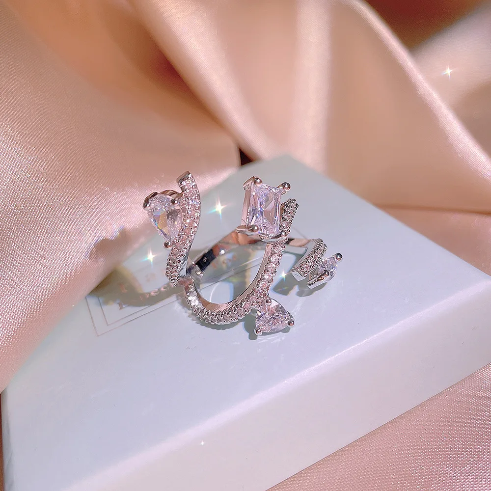 Купи Creative Irregular Double-Layered Couple Ring For Women Openwork Five-Pointed Star Heart Shape Full Of Diamond Gift Jewelry за 183 рублей в магазине AliExpress