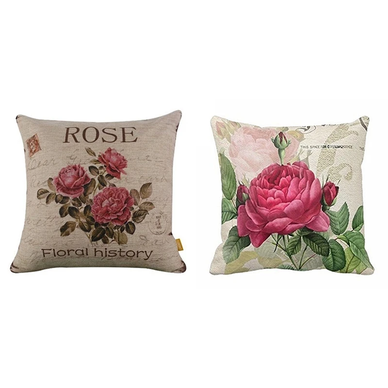 

2X Floral/Flower Flax Decorative Throw Pillow Case Cushion Cover Home Sofa Decorative(Rose Flower&3 Roses)
