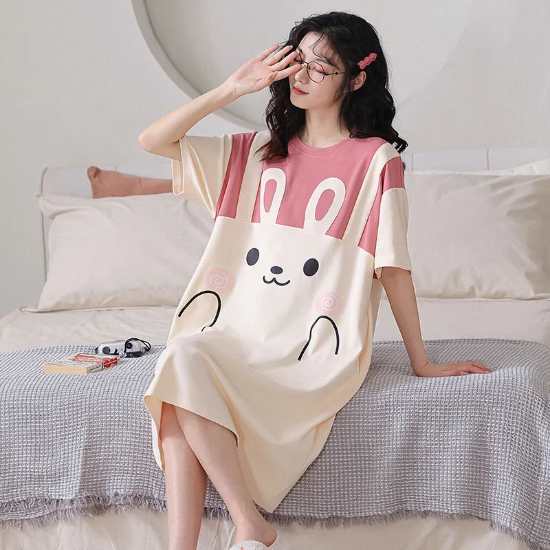 New summer women's pajamas cute short-sleeved nightdress cartoon large size summer dress home service can be worn outside