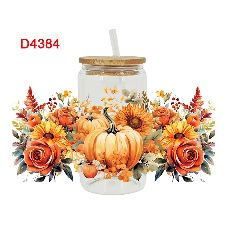 

Наклейки для трансфера UV DTF, 16 унций, обертывания чашек, День благодарения тыквы, напечатанные для DIY стекла, керамики, металла, кожи и т. Д. D4384