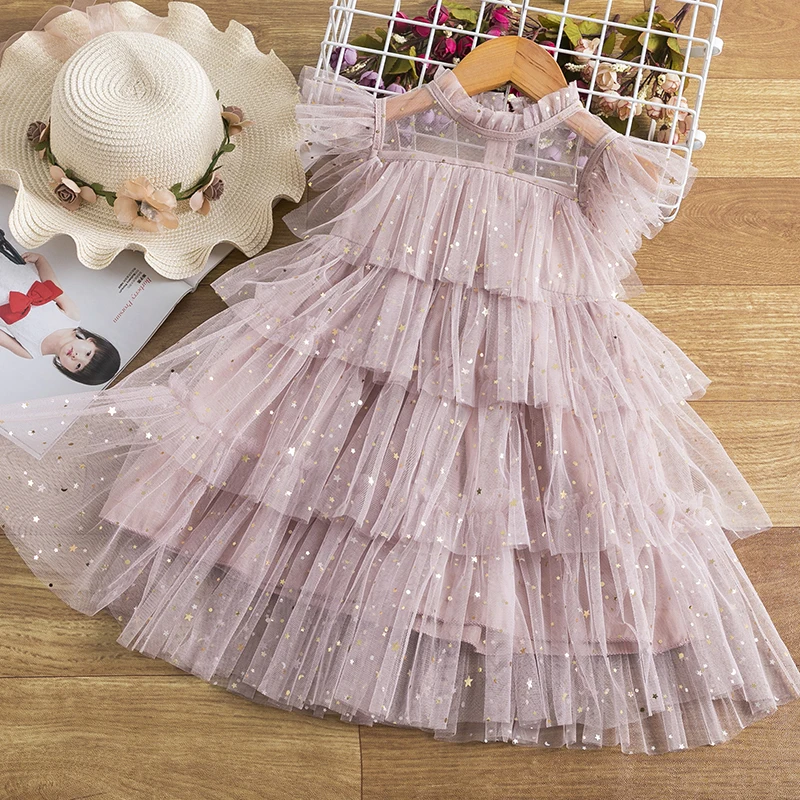

Girls Princess Mesh Layers Cake Dresses for Kids Sequin Elegant Party Tutu Prom Wedding Vestidos Summer Children Ruffles Clothes