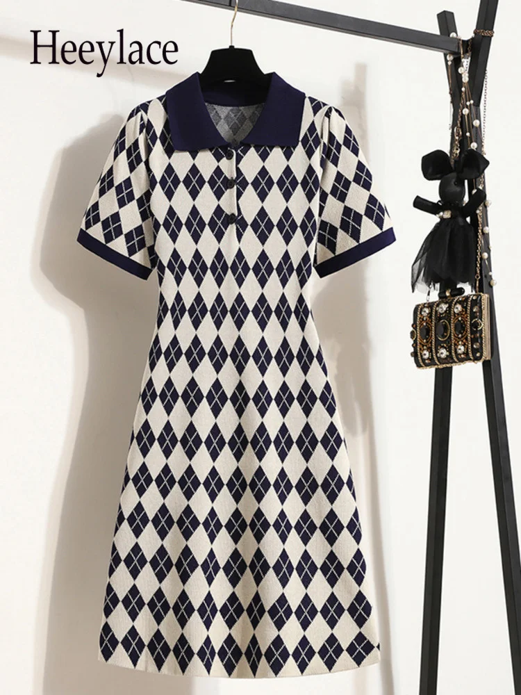 

Женское трикотажное платье в клетку, элегантное винтажное платье в клетку с отложным воротником, модель 4XL на лето