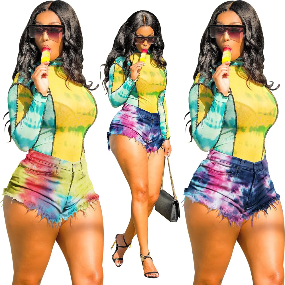 

Women's Jeans Summer 2022 Fashion Wholesale Fringed Brushed Tie Dye Faux Denim Women's Jeans Casual Shorts Jeans Feminino