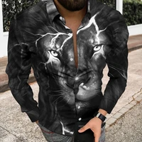 spring autumn mens fashion new lion 3d printing luxury prom party lapel long sleeve shirt top casual streetwear
