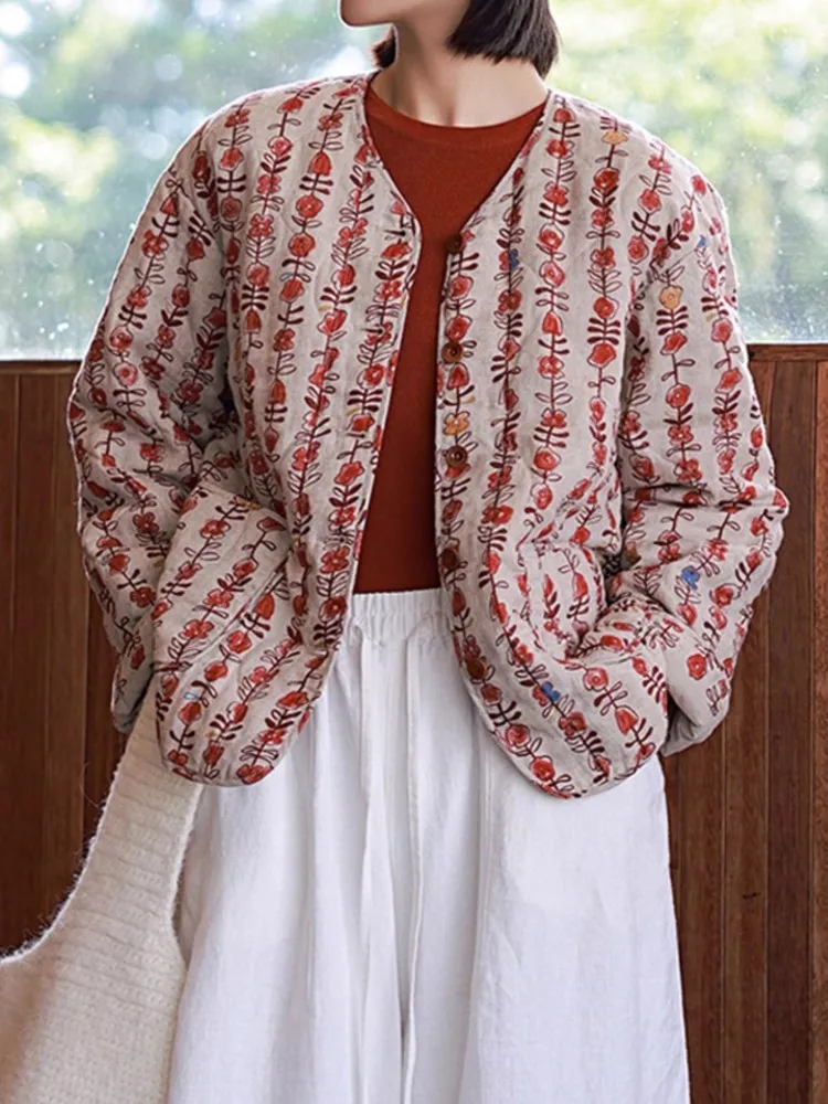 Оверсайз осенне-зимнее стеганое хлопковое пальто с v-образным вырезом женские