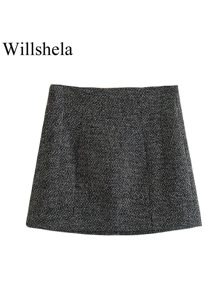 

Willshela Women Fashion Texture Back Zipper Mini Skirt Vintage High Waist Female Chic Lady Skirts Mujer Outfits