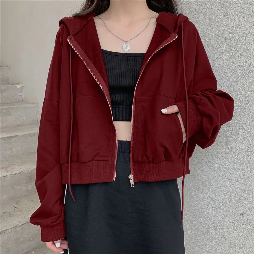

New Korean Fashion Short Zip Up Solid Short Hoodies Women Sweet Loose Hooded Sweatshirts Long Sleeve Tops Autumn 2023 T624