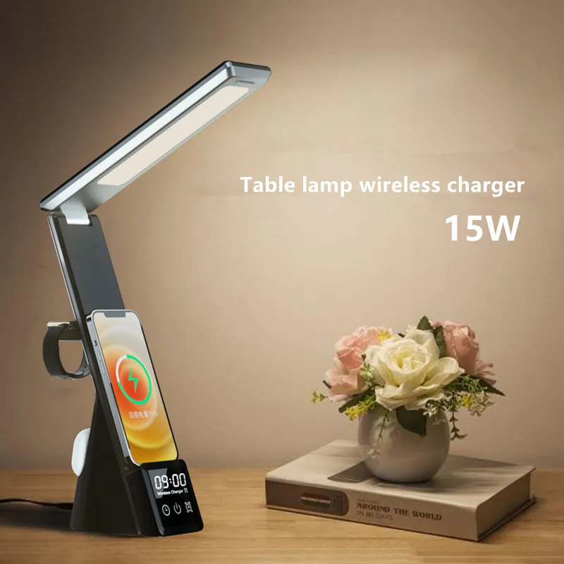 

LED Table Lamp 15W Wireless Charger for iPhone Apple Watch Airpods Fast Charging Station Multi-function Clock Charge Dock Stand