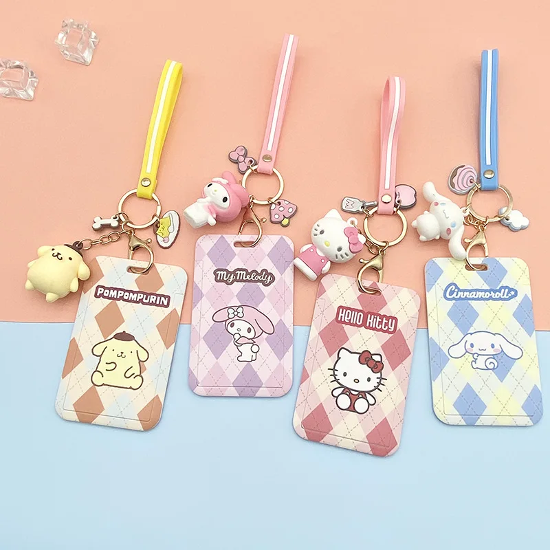 

11Cm Sanrios Kawaii Cinnamoroll My Melody Kuromi Hello Kittys Cute Cartoon Card Set Meal Card Bus Access Id Keychain Set