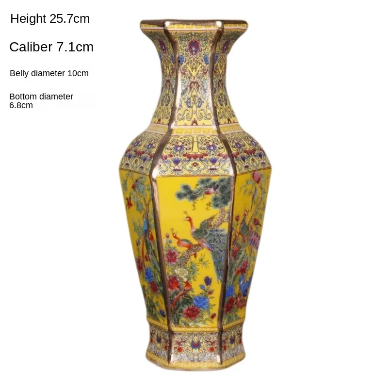

Qing Dynasty Qianlong Tracing Gold Enamel Color Flower And Bird Six Square Vase Antique Porcelain Home Decoration