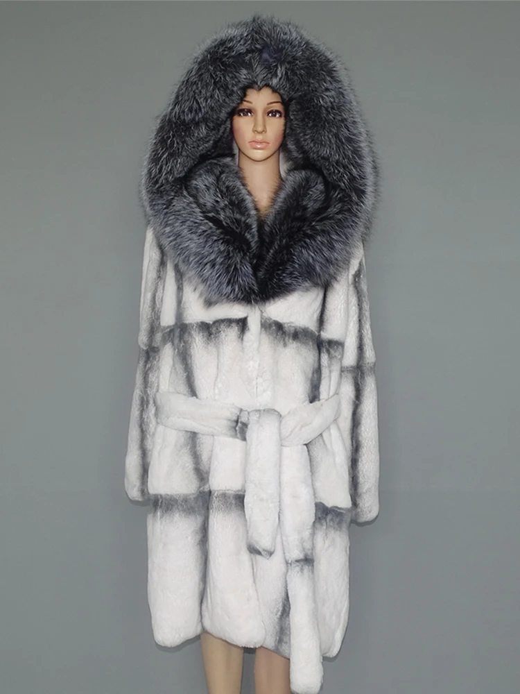 Winter Women Luxury Lexus Rex Rabbit Fur Coat Long Real Fur Coat Large Silver Fox Fur Collar Thick Warm Fashion Streetwear