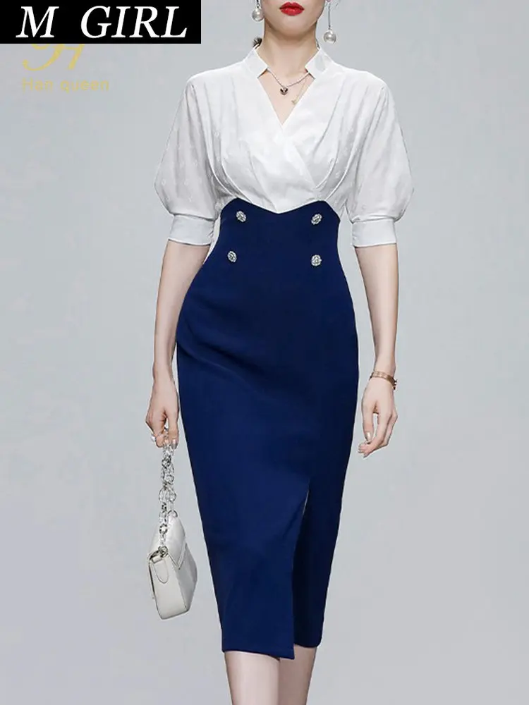 

M GIRLS Queen Elegant Contrast Color Stitching Slit Pencil Dress 's Summer Sheath Office Dresses Occupation Bodycon Vestidos