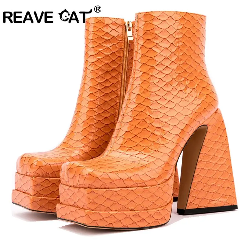 

REAVE CAT Fashion Women Ankle Boots Double Platform Hoof High Heels Boots Square Toe Punk Boots Autumn Winter Female Shoes Snake