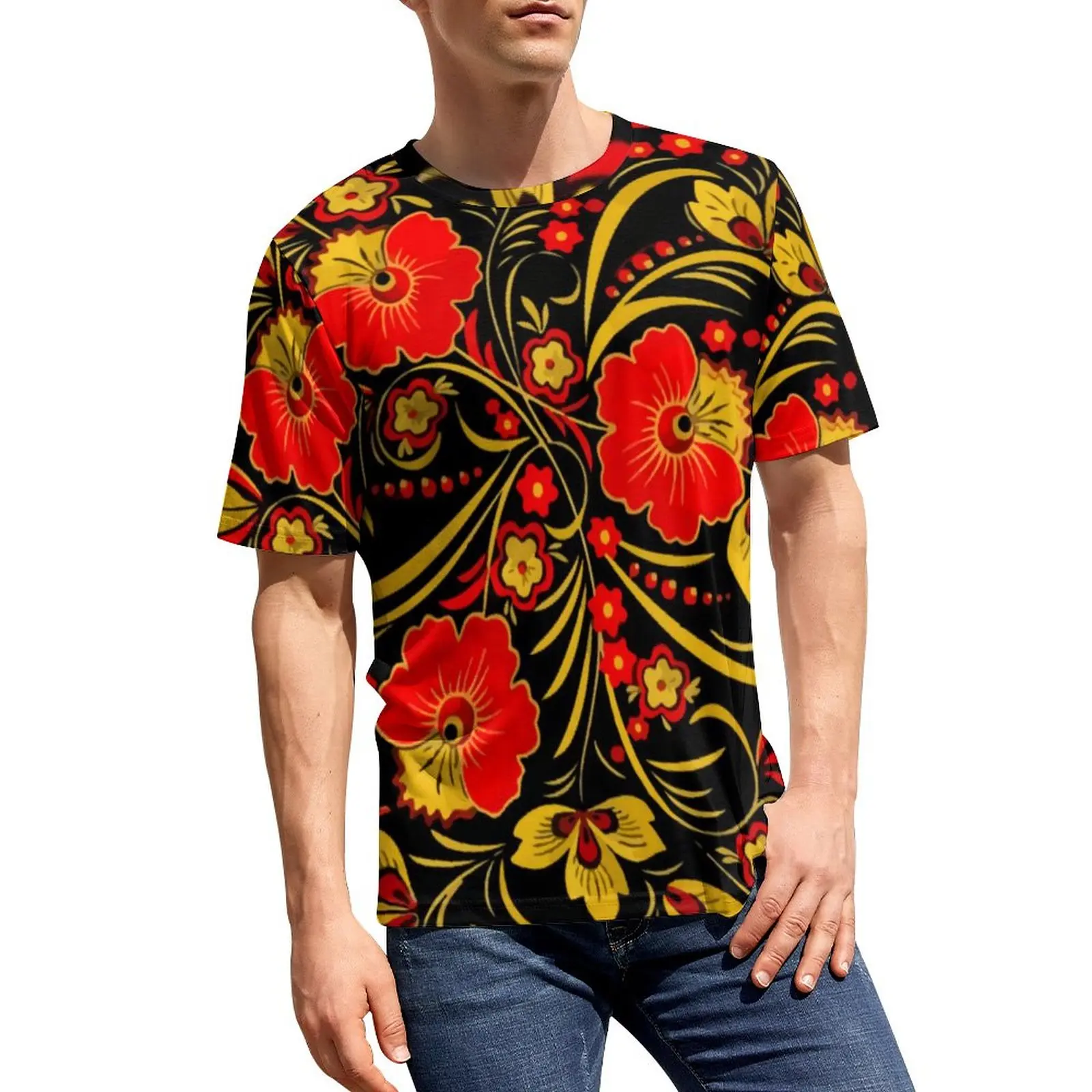 

Russian Red Flower T-Shirt Retro Floral Print Trending T Shirts Couple Street Style Tshirt Summer Short-Sleeve Tops Plus Size