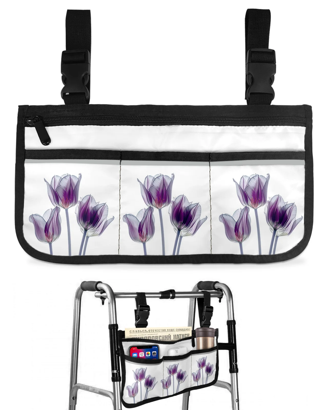 

Flower Tulip Purple Abstract Wheelchair Bag With Pockets Armrest Side Bags Electric Scooter Walking Frame Storage Pouch