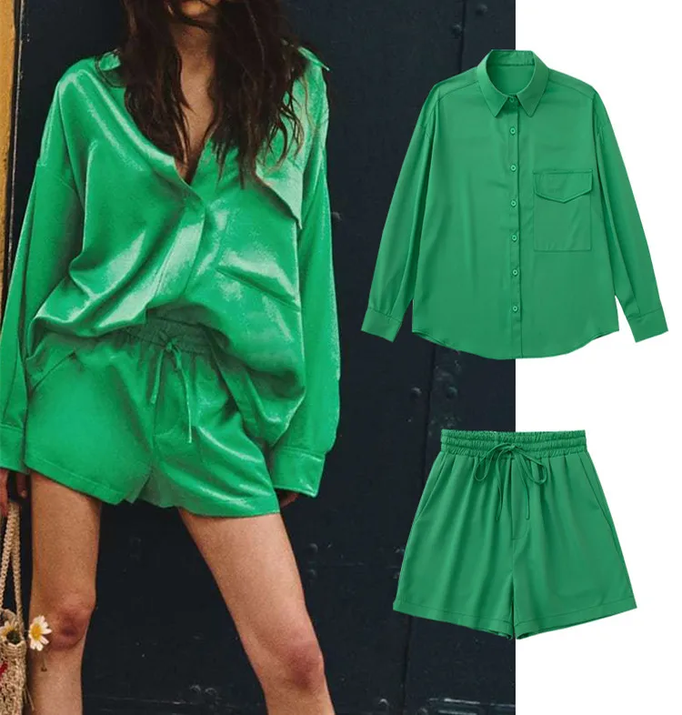 2022 Women Oversized Blouses+Shorts Sets New Turn Down Collar Pockets Tops High Waist Drawstring Girl Outfits Two Pcs