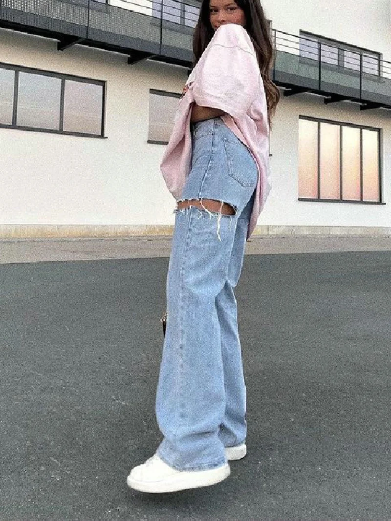 2023 New Summer New Fashion Ripped Hole Washed Casual High Waist Straight Jeans Women's Mother Jeans Thin Street Women's Pants