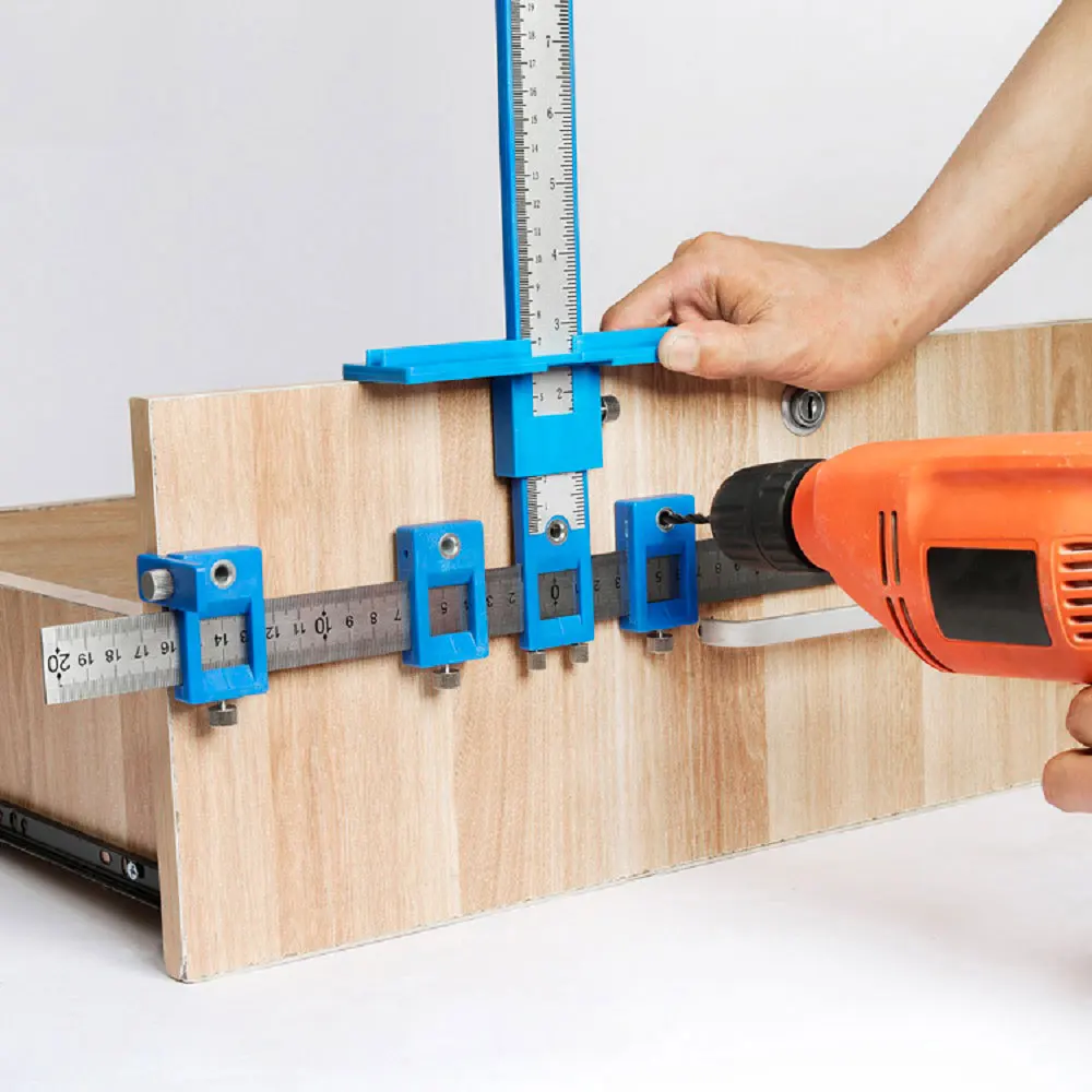 

Multifunctional Furniture Carpentry Punch Locator Drill Guide Ruler Woodworking Hole Locator Adjustable Drilling Positioner Tool