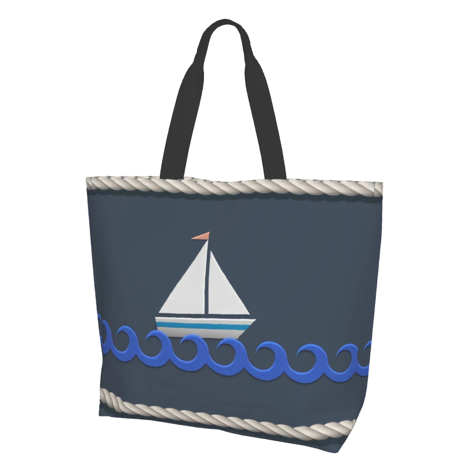 

Cartoon Sailboat Nautical Rope Retro Dark Blue Canvas Tote Bag for Women Weekend Kitchen Reusable Grocery Bags Bulk