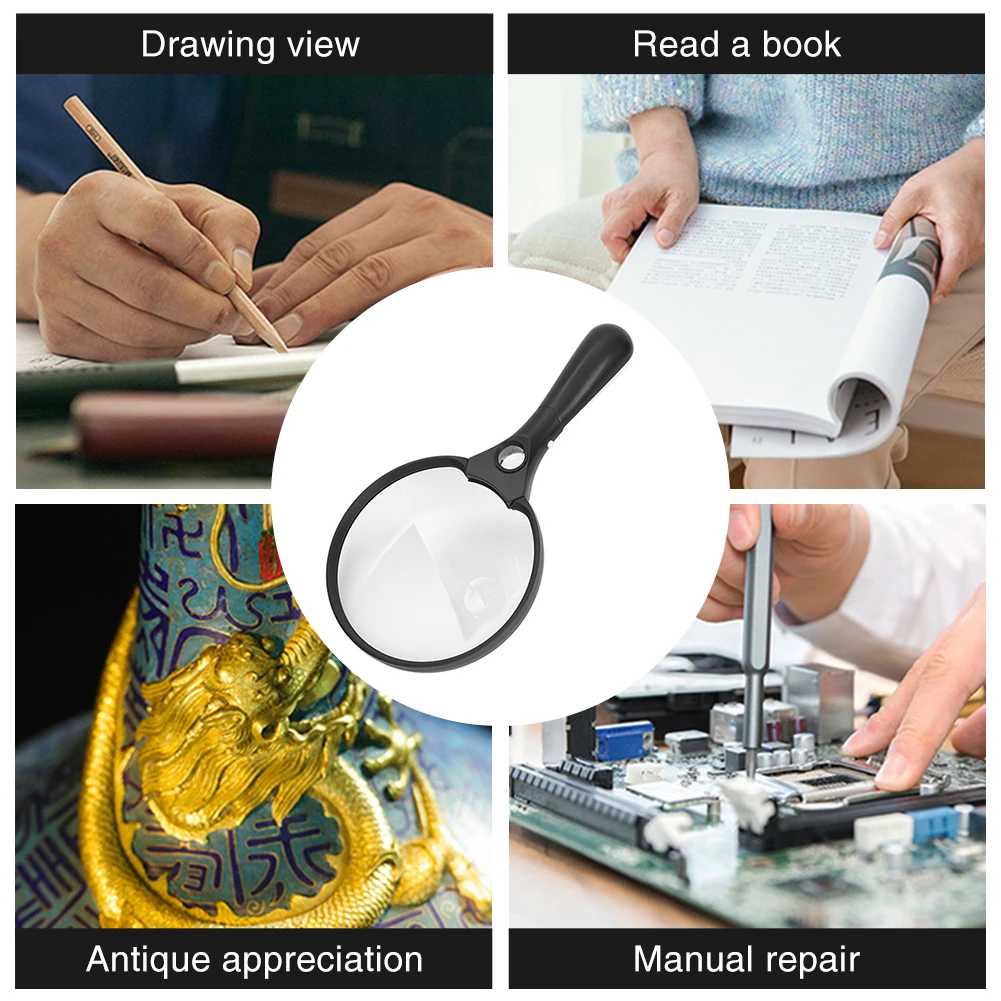 

Large Handheld Magnifying Glass with LED Lights Three Lenses 2X 4X 25X Loupe Magnifier Reading Identification Repair