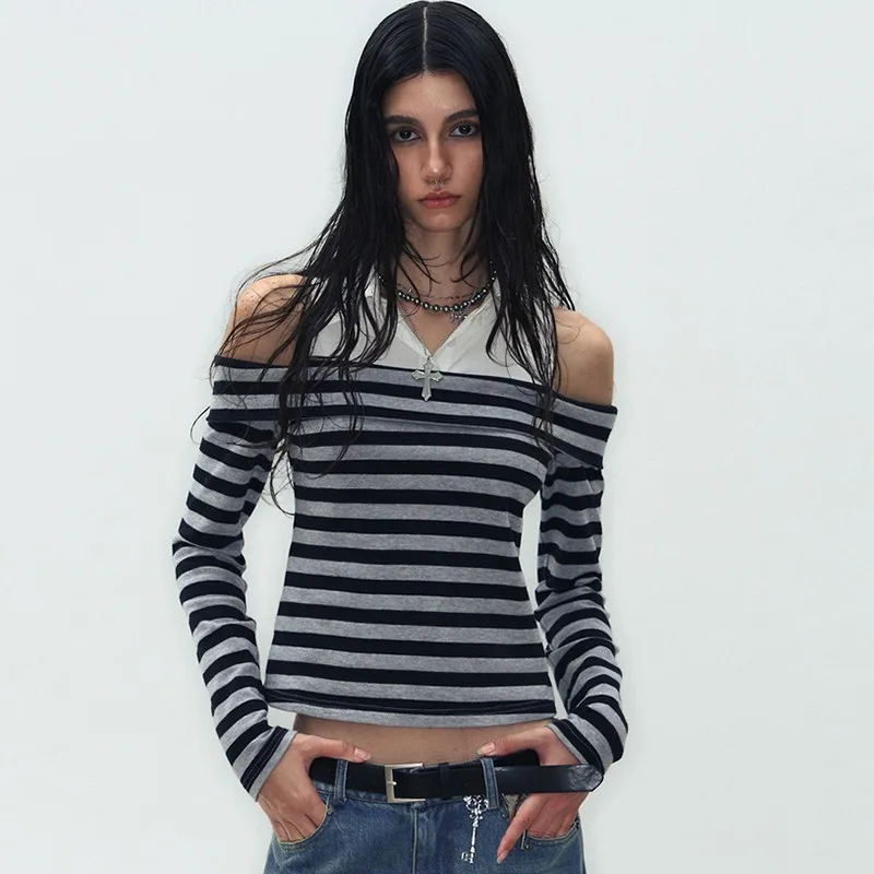 Genayooa Vintage Two Pieces Tops Women Patchwork Off Shoulder Print Graphic Streetwear American Retro 90s Tshirts Autumn