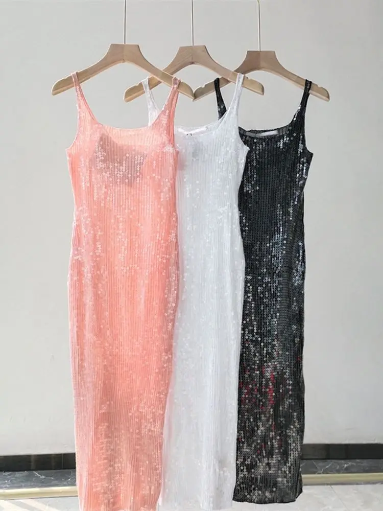 Women U-Neck Sleeveless Sexy Sling Dress 2023 Summer New Ladies Solid Color Thin Temperament Sequin Decoration Pleated Long Robe