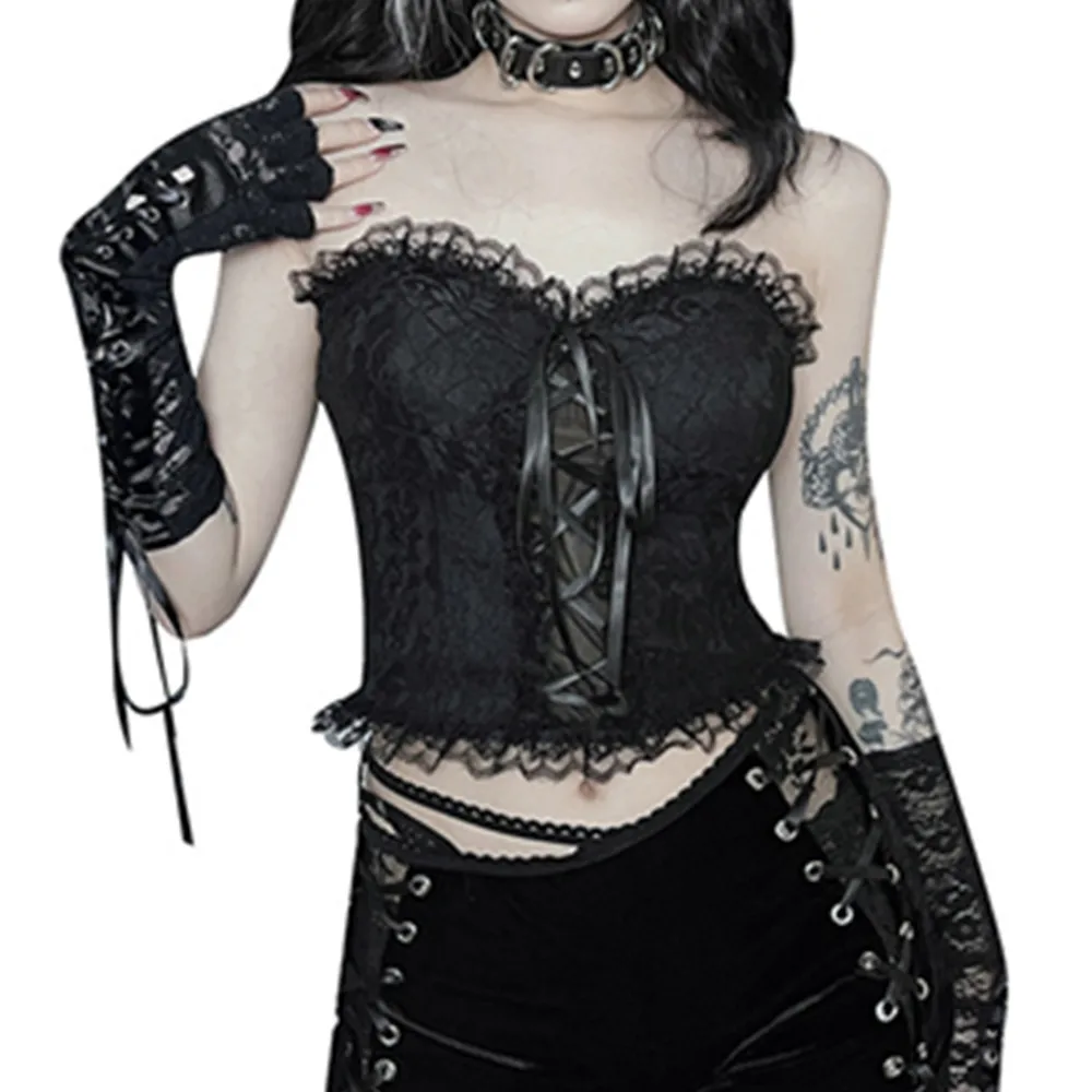 

y2k Aesthetic Top Lace Trim Bandage Off Shoulder Crop Tops Streetwear Sexy Skinny Corset Top Vintage Goth Punk Clothing