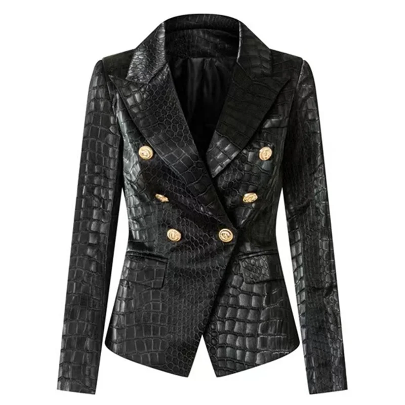 PU Leather Jacket Crocodile Synthetic Leather 2022 Autumn Lion Head Metal Buttons Double Breasted Suit Blazer Jacket Women