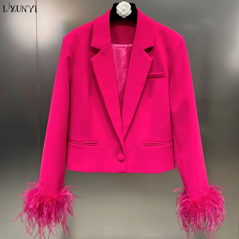 

LXUNYI 2023 Spring Women Blazers with Ostrich Feather Autumn One Button Lapel Long Sleeve Short Blazer Coat Fashion Ladies