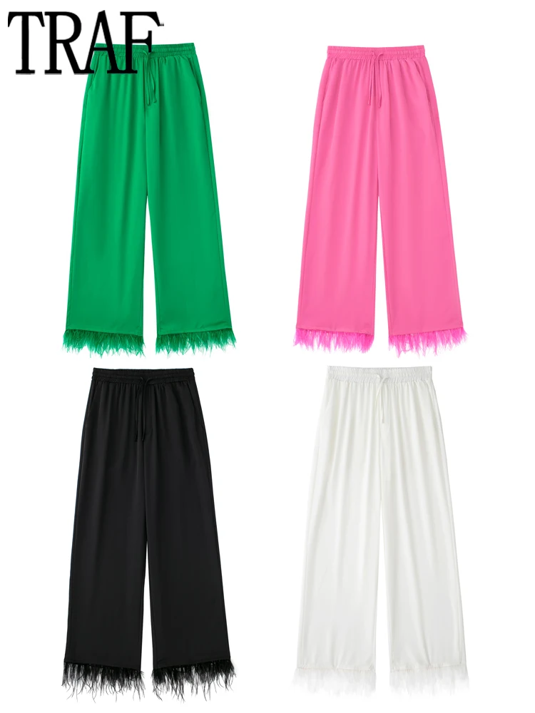 

TRAF White Feather Women Pants Blue Wide Leg Pants Woman Summer 2022 Streetwear High Waist Trousers Women Baggy Pants for Women