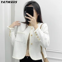 high quality french vintage small fragrance tweed jacket coat womens autumn casual fried street long sleeve short coats outwear