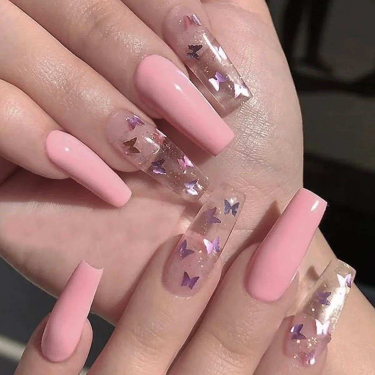 

Sdotter 24pcs Pink Butterfly Pattern Fake Nails Full cover Fake Nails Glue DIY Manicure Nail Art Tools