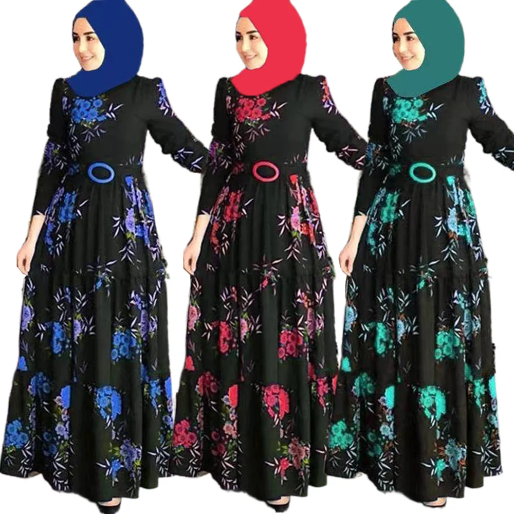 New Style Long Sleeve Flower Print Plus Size Women Muslim Dress with Belt  Elegant Casual Dress Floral Ethnic Kaftan Robe