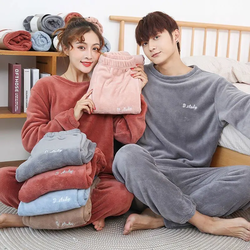 Flannel Women Pajamas Sets Warm Thick Coral Velvet Long Sleeve Cartoon Sleepwear 2022 Autumn Winter Home Wear Couples Nightwear