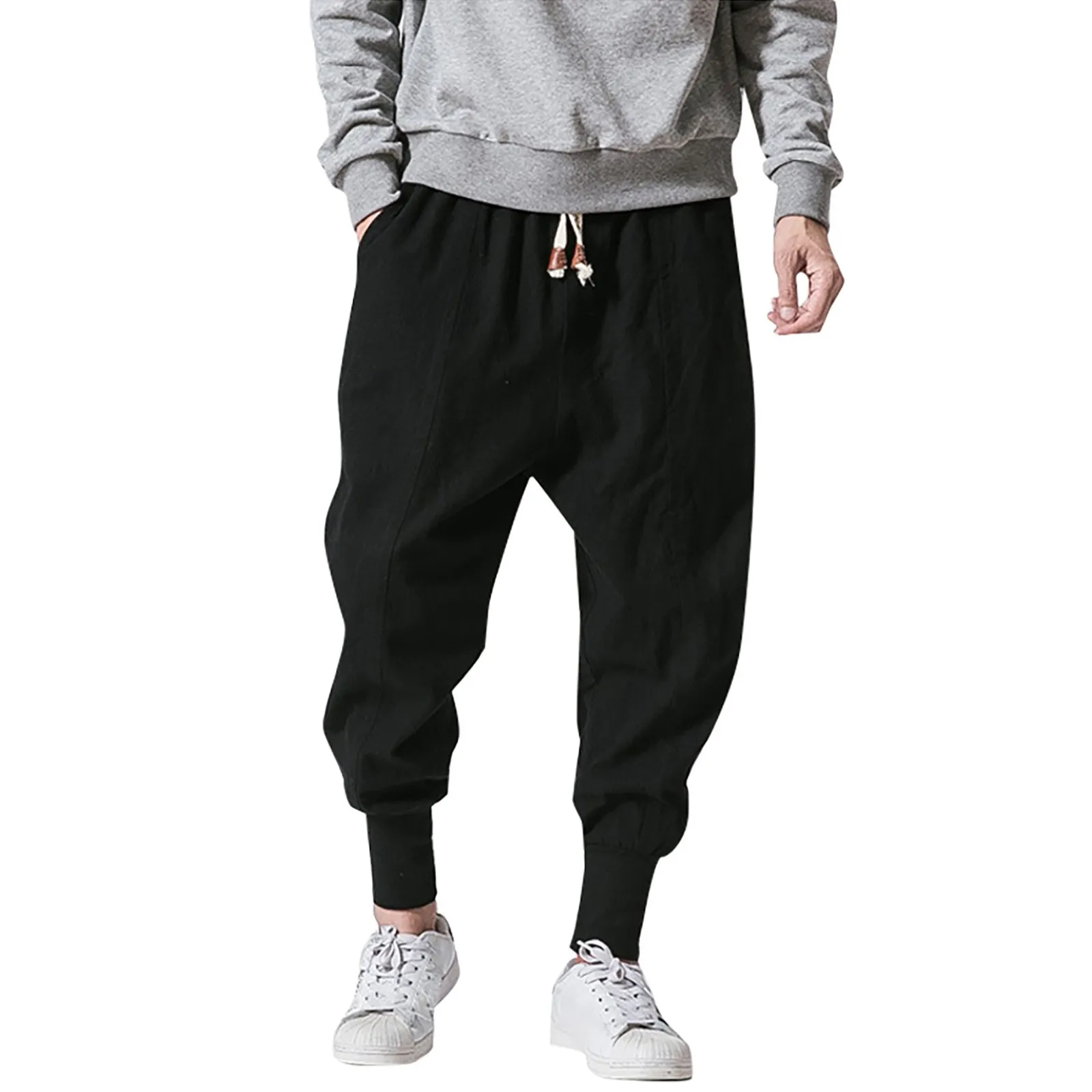 

Cotton Linen Harem Pants Men Solid Elastic Waist Streetwear Joggers 2023 New Baggy Drop-crotch Pants Casual Trousers Men