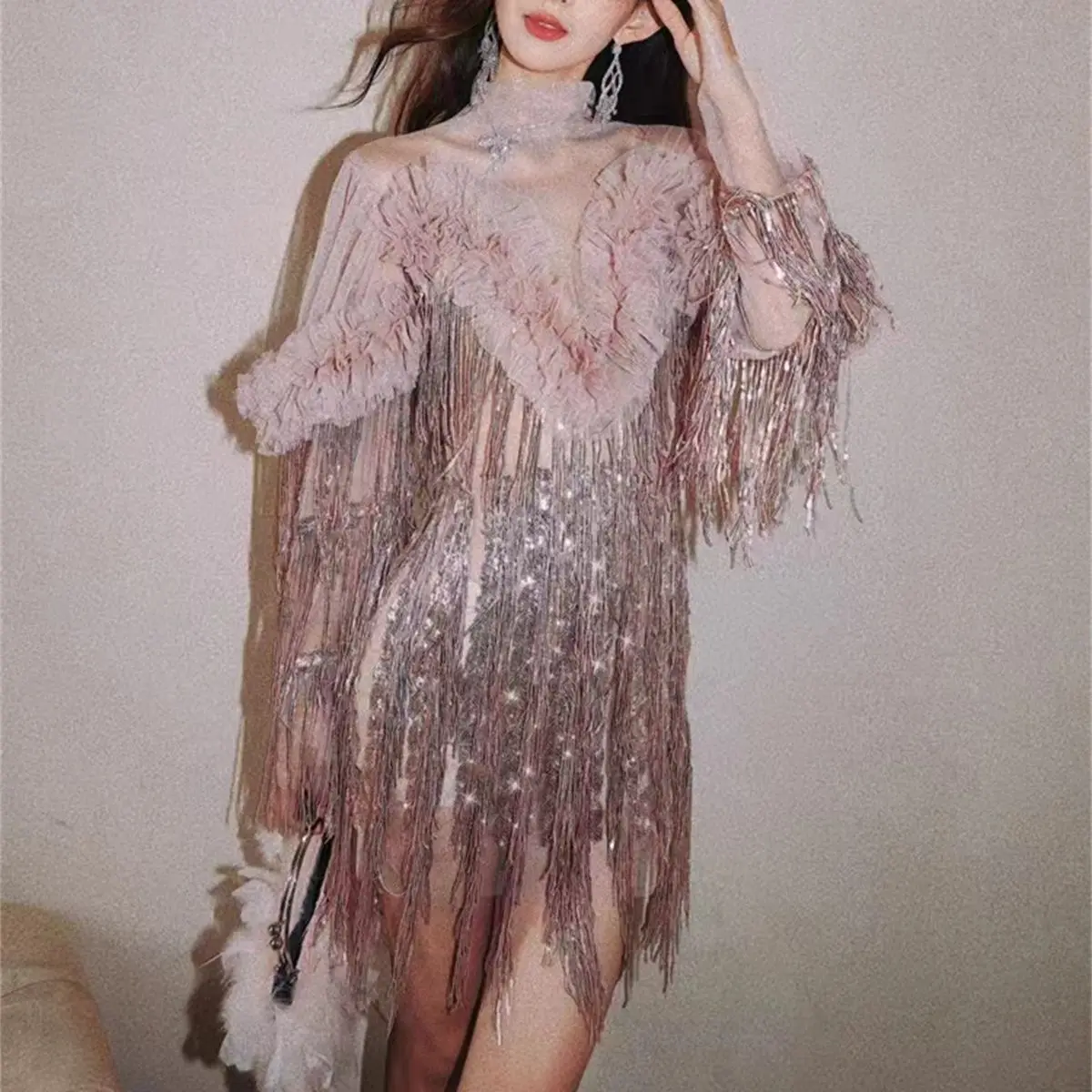 

Prom Evening Special Occasion Mini Dress High Neck Long Sleeve Tulle Feather Fringed Beaded Diamond Sexy Elegance 2023 Tailored