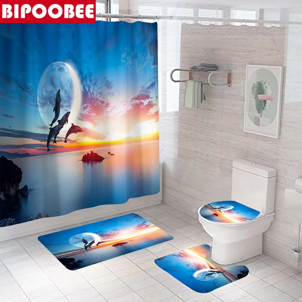 

3D Ocean Scenery Shower Curtain Sunrise Sea Dolphins Bathroom Curtains Bath Mats Rug Toilet Lid Cover Non-slip Carpet Home Decor