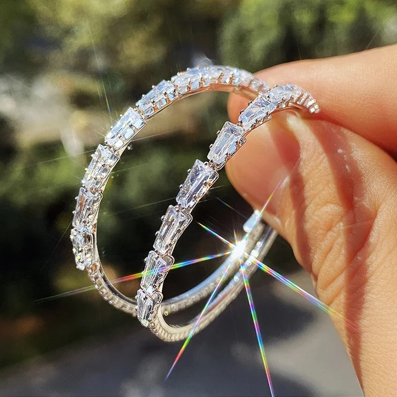 

Luxury Big Round Silver Color Hoop Earrings with Bling Zircon Stone for Women Fashion Jewelry Korean Earrings