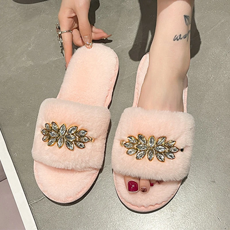 Fashion Crystal Flower Design Women Home Flat Slippers Solid Color Open Toe Home Fur Warm Non-slip Leisure Interior Woman Shoes