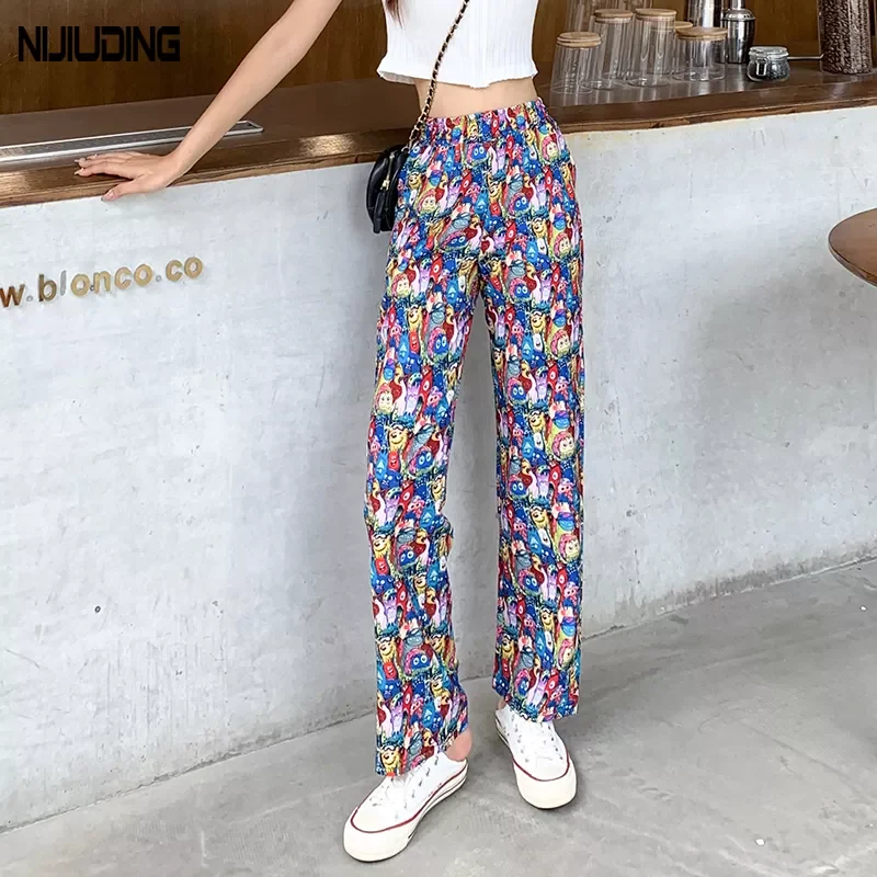 

2022NEW Style Women Wide Leg Pants Spring High Waist Loose Cartoon Printed Long Trouser Woman Size 5XL Streetwear Pantalon