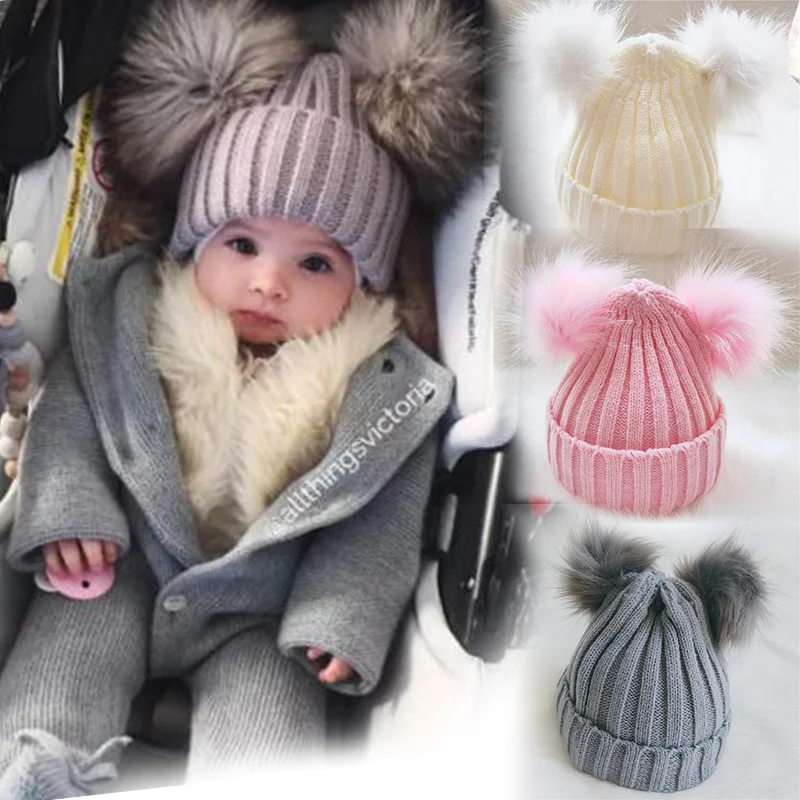 

Winter Baby Knit Hat With Two Fur Pompoms Boy Girls Natural Fur Ball Beanie Kids Caps Double Fur Pom Pom Hat for Children Hot