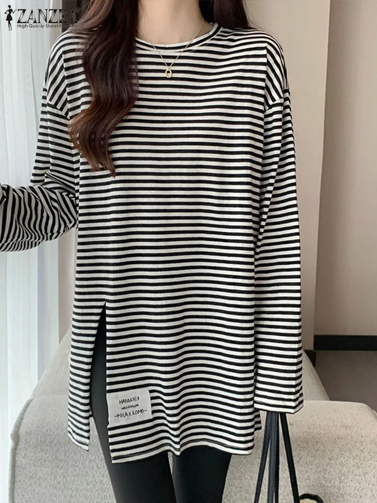 

Блузка ZANZEA в богемную полоску с принтом, Осенние Топы с длинным рукавом и круглым вырезом, Женская стильная рубашка с разрезом на подоле, женская элегантная свободная сорочка
