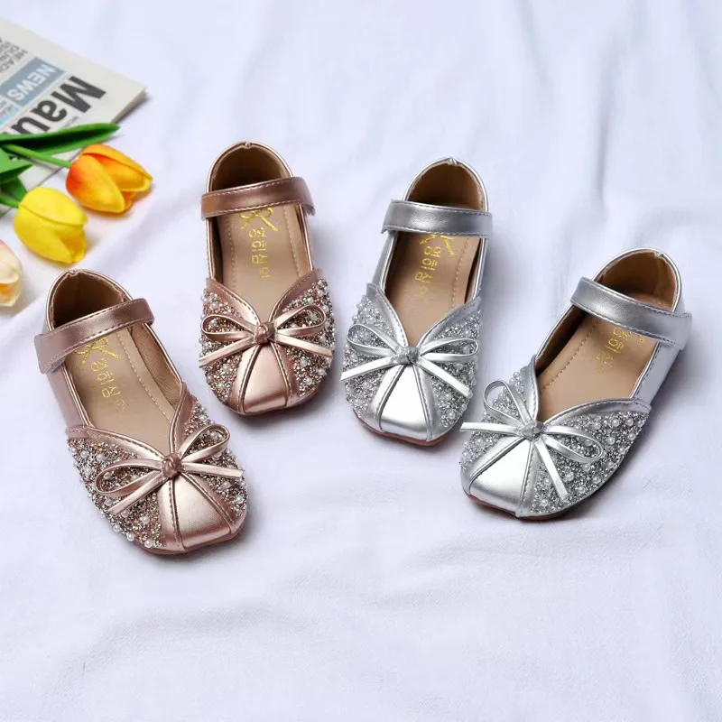 Congme 2-10 Yrs Fashion Girls Flat Shoes Toddler Kids Leather Shoes Crystal Bow Princess Shoes Dress Shoes