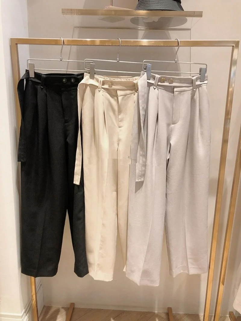 

Женские брюки A GIRLS в японском стиле, Новинка весна-лето 2022, однотонные свободные прямые повседневные брюки с высокой талией и поясом